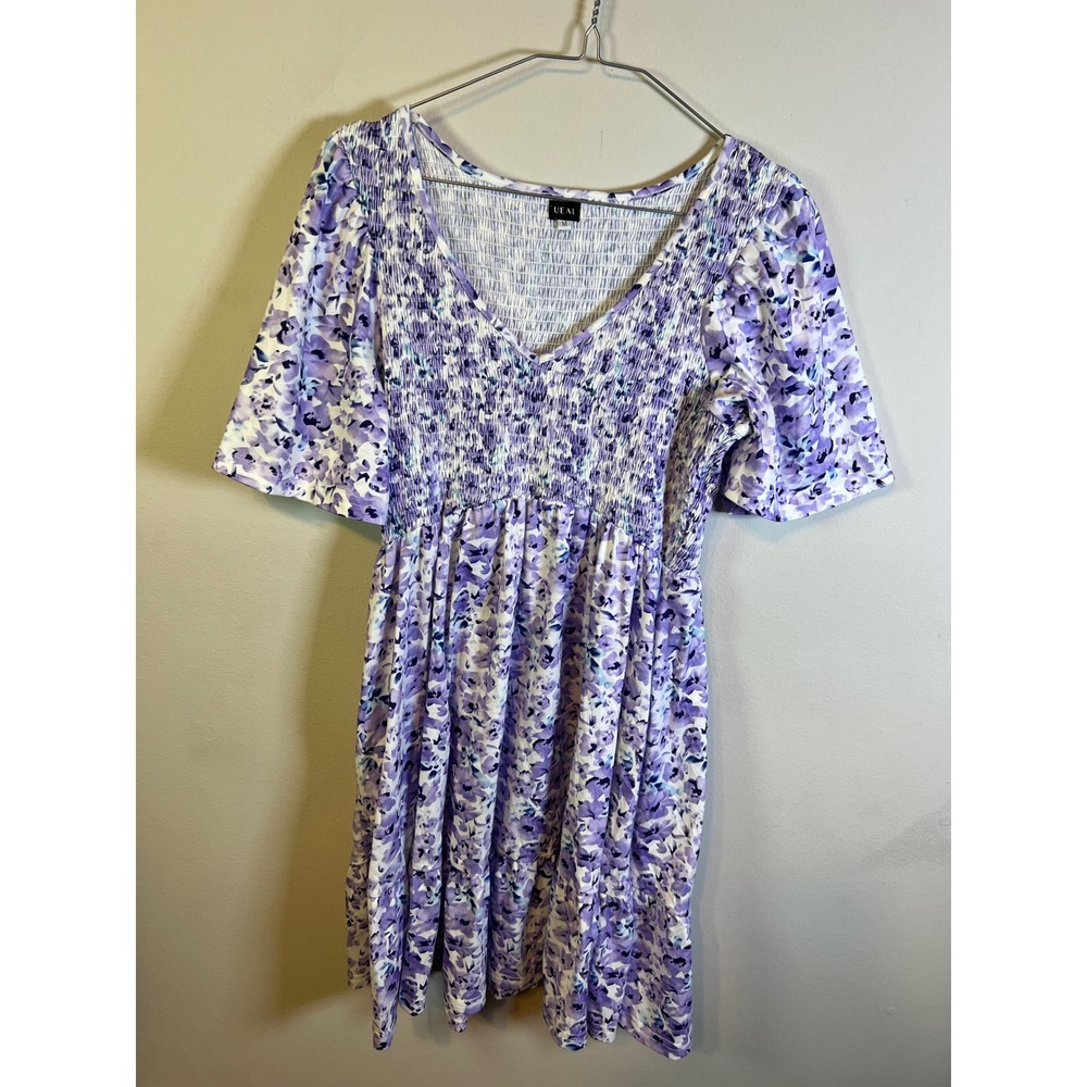 UEAL‎ Womens Dress Smocked Bodice Floral Purple Medium